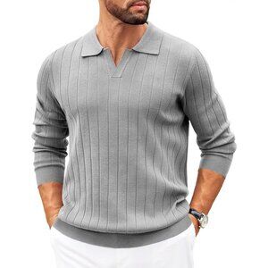 Coofandy Men Light Grey Polo Long Sleeve V Neck Lightweight Pullover Sweater